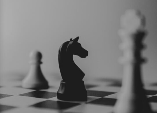 black horse chess piece near roque chess piece