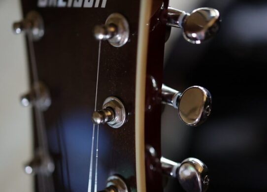 a close up of the heads of a guitar